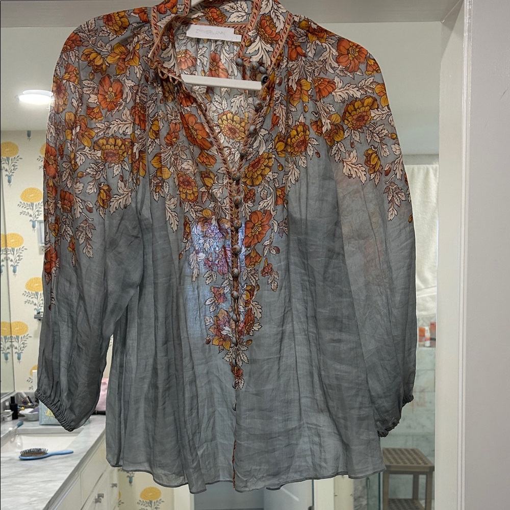 Zimmermann Sheer Gray Blouse with Orange and Yellow Floral Embroidery